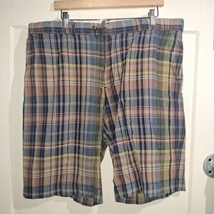 Men's Plaid Cotton Shorts in Blue, Green & Tan